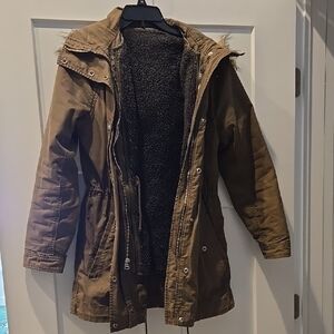 Brown Hooded Parka with Faux Fur Trim